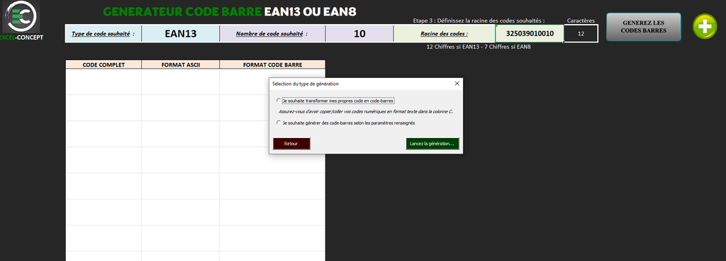 Générateur Code Barre automatique EAN13 et EAN8 avec accès au code