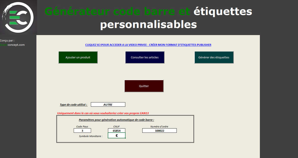 Excel Générateur de Code-barre et d'étiquettes Produits personnalisables